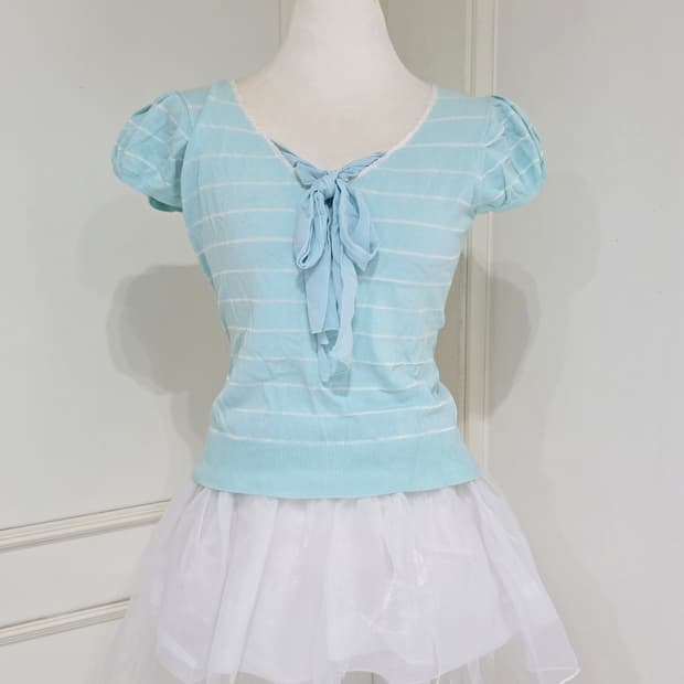 일본빈티지)민트 모리걸 히메갸루 레이어드 리본 스트라이프 로맨틱 반팔니트