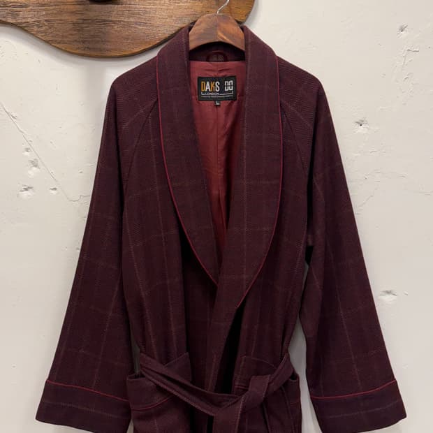 L) DAKS Burgundy Check Cashmere Robe Coa