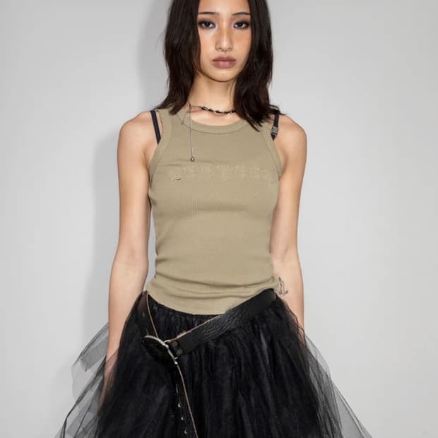 Yeel leey 빈티지 슬리브리스 탑 카키