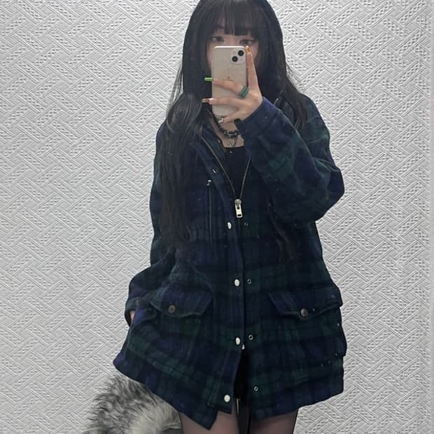 폴로 랄프로렌 블랙와치 홀리데이 체크 후드 미디 자켓 95 C09517