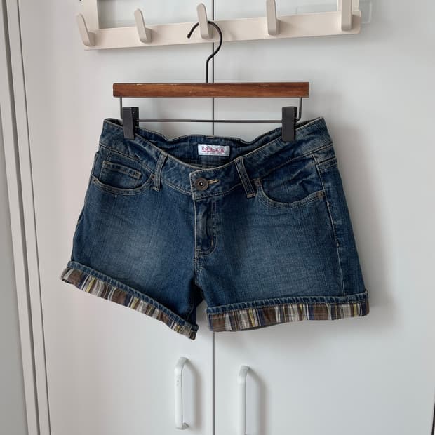 Colza 체크 롤업 레이어드 데님 숏팬츠 반바지