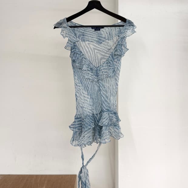 폴로 랄프로렌 블루 러플드 지브라 프린트 시폰 탑