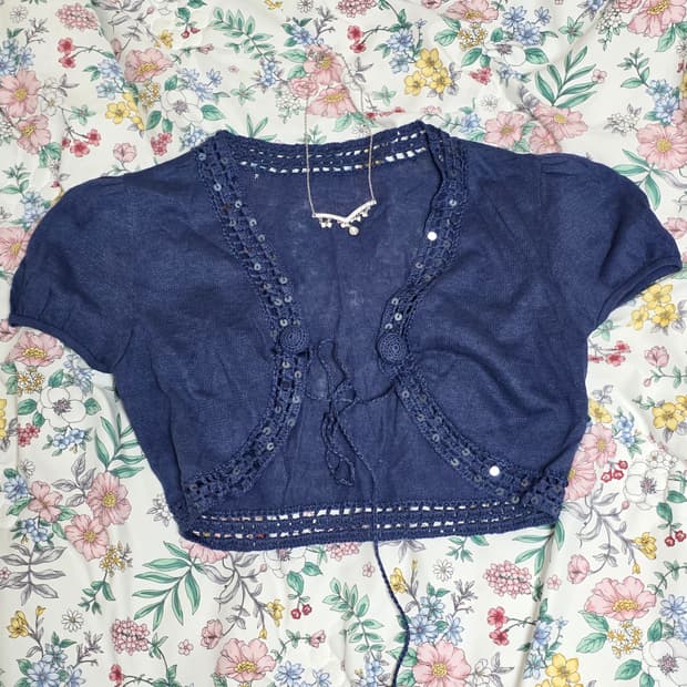 일본빈티지)네이비 니트짜임 스팽글 하구미모리걸 크롭숏가디건 볼레로
