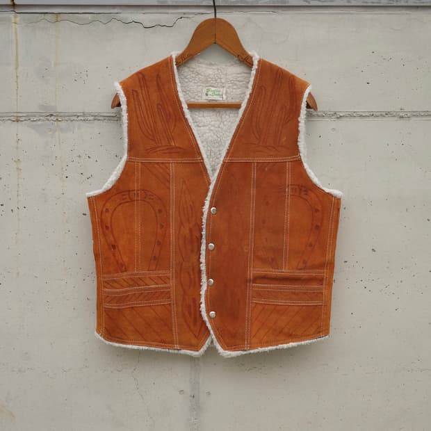 70‘s 핸드 번 드로잉 웨스턴 스웨이드 쉐르파 베스트