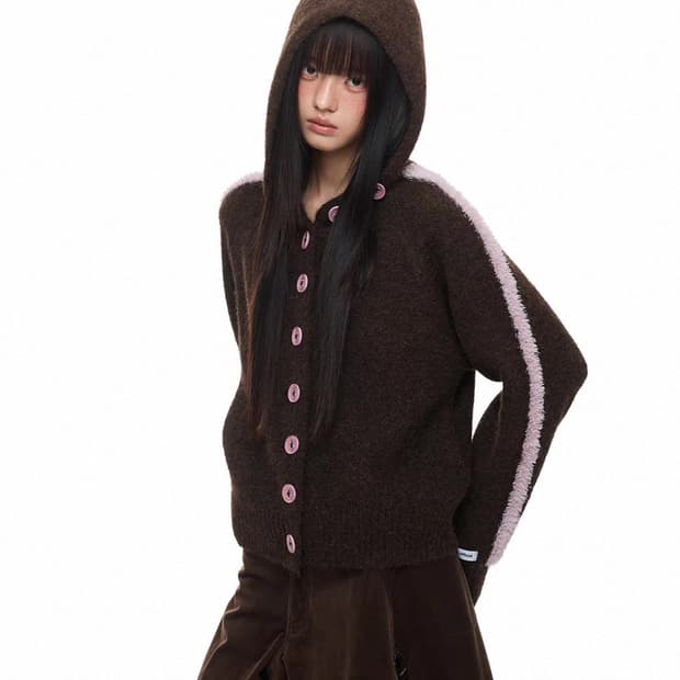 JIKOO 지쿠 울 후드 가디건 브라운