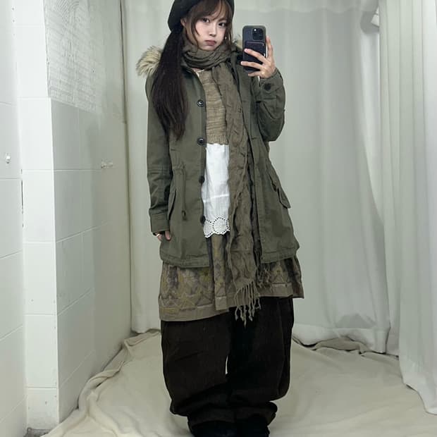 카키 고전 모리걸 야상 코디세트