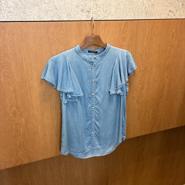 빈티지 데님 셔츠 밴드카라 러플 슬리브 버튼 디테일 스카이 블루 k383