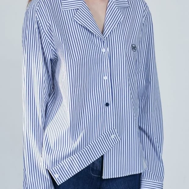 RECTO 렉토 스트라이프 비대칭 로고 카라 셔츠 블라우스 F
