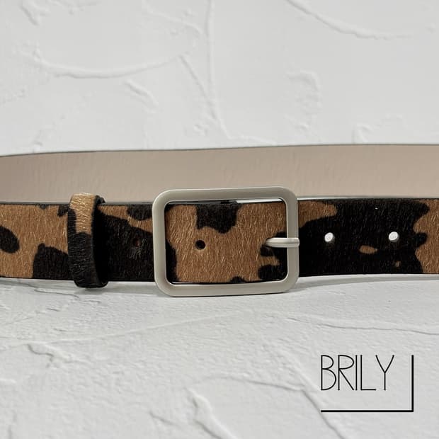 [Unisex] PONY 카우헤어 레오파드 호피 송치털 가죽 벨트 브라운