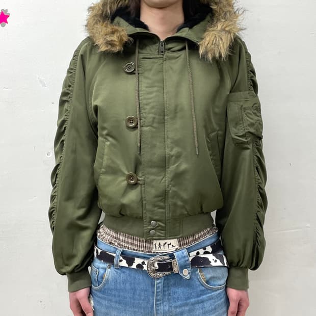 N2B Glossy Khaki Shirring Crop Padding 