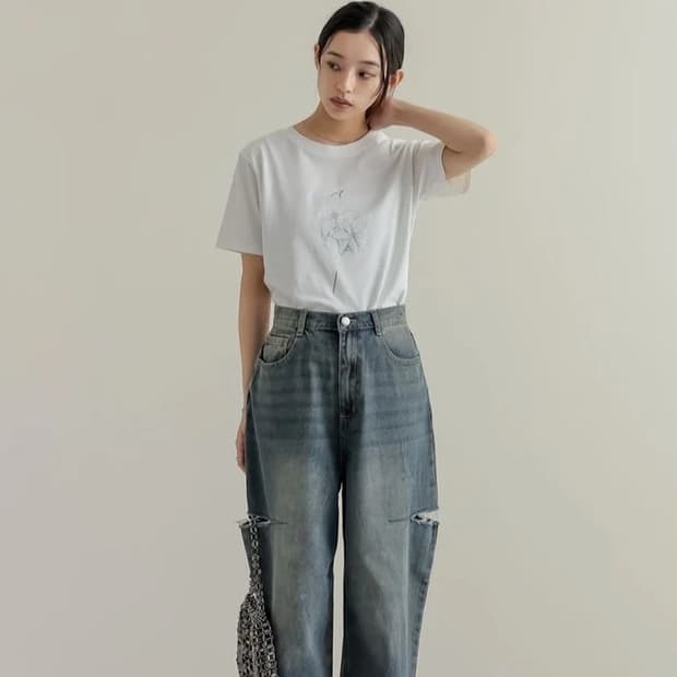 중청 워싱 사이드 데미지 와이드 데님 팬츠