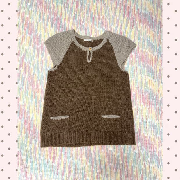 베이지 브라운 배색 반소매 니트