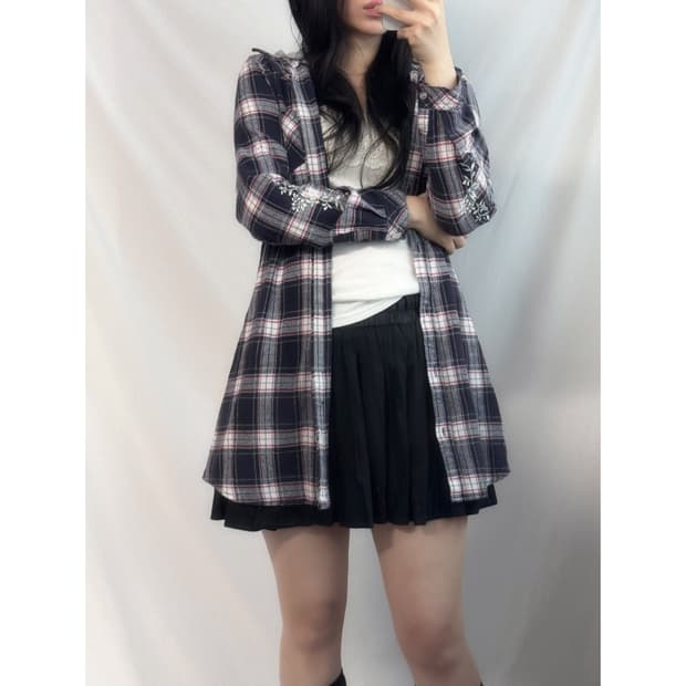 플라워 자수 슬리브 후드 셔츠 원피스