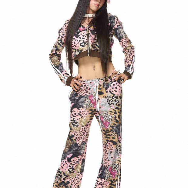 HuDieGongZhu 호피 트랙 팬츠 M