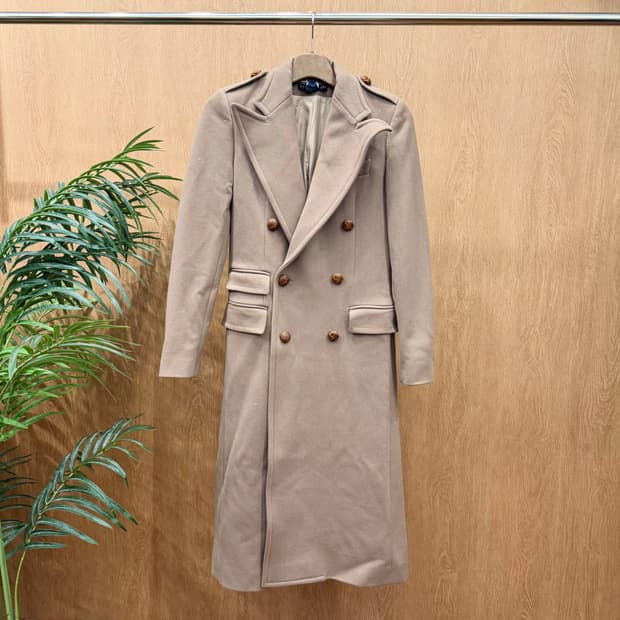 랄프로렌 더블 브레스티드 롱 코트 숄더 에폴렛 플랩 포켓 디테일 베이지