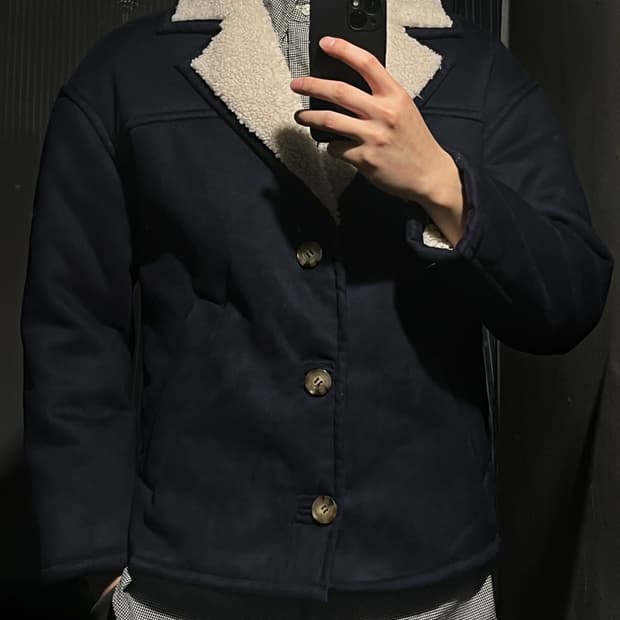 자라 네이비 아이보리 비건레더 스웨이드 아메카지 이너플리스 카라넥 무스탕