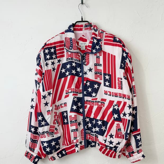 90s 빈티지 아메리칸 플래그 실크 블루종