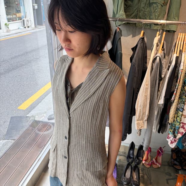 Anne Klein 헤링본 슬리브리스 베스트 S