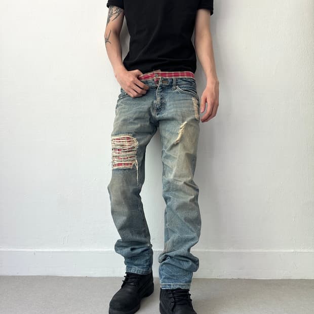 JPN VTG 체크 새깅 디스트로이드 워싱진