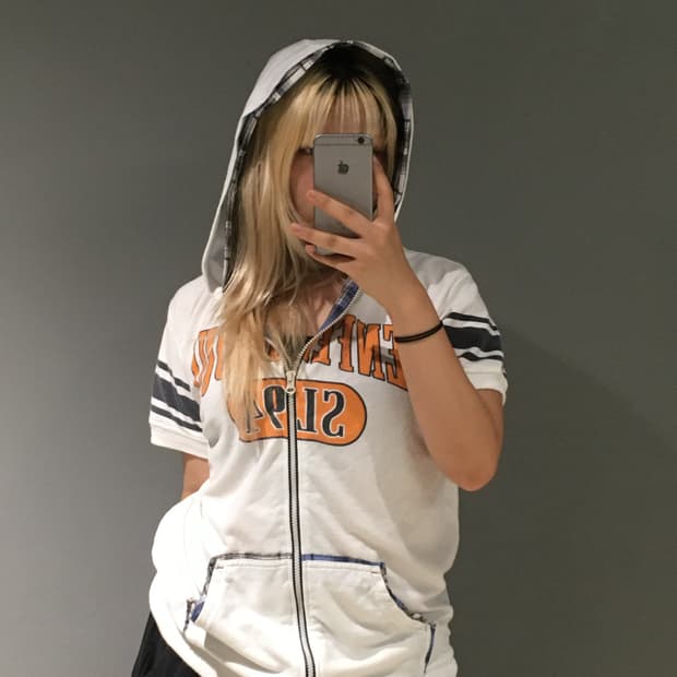 Check hood layered sporty hood zip-up