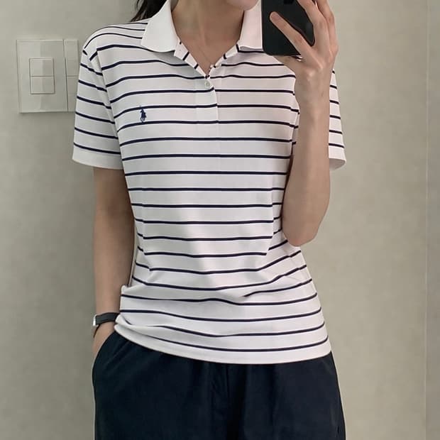 폴로 랄프로렌 스트라이프 카라 반팔티 화이트 남녀공용 S
