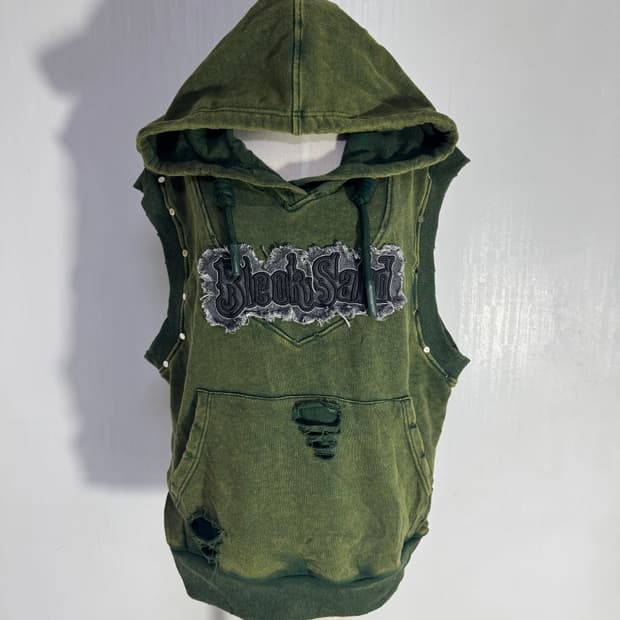빈티지 페이드 그린 데미지 후드 베스트 y2k lgb goa 모터사이클