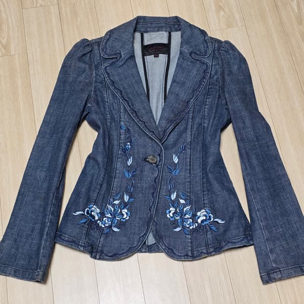빈티지) 로맨틱 모리걸st 플라워 블루 자수 앤틱 데님 여성 청자켓