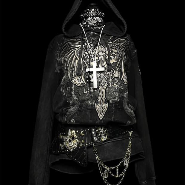 PROITENTE 펑크 자수 십자가 그레이 후드 