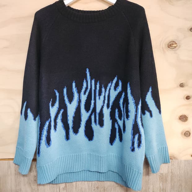 155) tide card log 블루 불꽃 패턴 남성 니트