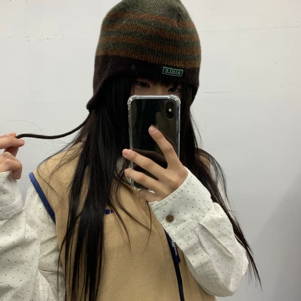 카키 스트라이프 이어플랩 비니