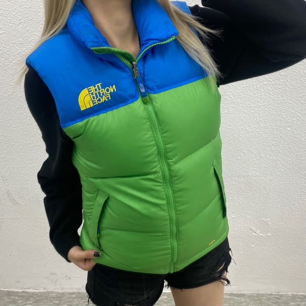 노스페이스 블루배색 로고 그린 패딩조끼 85