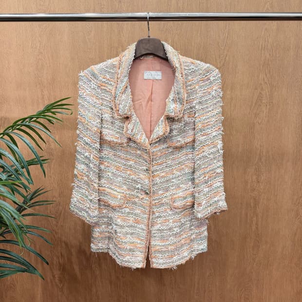 마인 트위드 자켓 멀티 스트라이프 프린지 숄 카라 디테일 레귤러핏 핑크