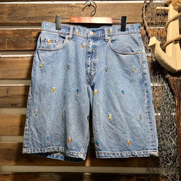 [33]BEAMS 빔즈 아이스크림 도트 패턴 데님 쇼츠 반바지