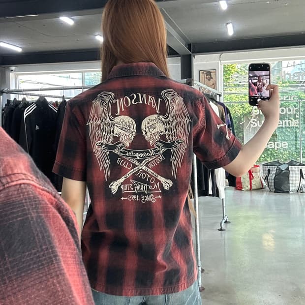 벤슨 성조기 스컬윙 모토클럽 체크 반팔셔츠