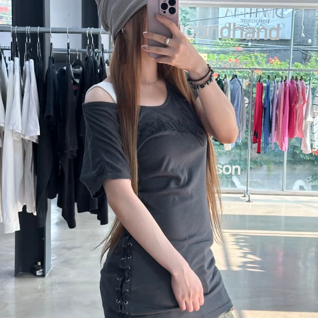 히스테릭글래머 레터링 키스립 아일렛 원피스 반팔티