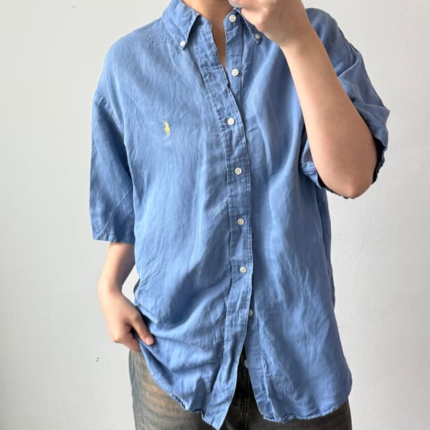 [L] 폴로 브레이크 실크린넨 블루셔츠
