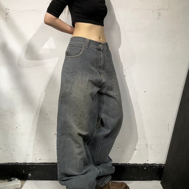 드렁큰 몽키 빈티지 힙합 와이드 그레이 데님 새깅 청바지