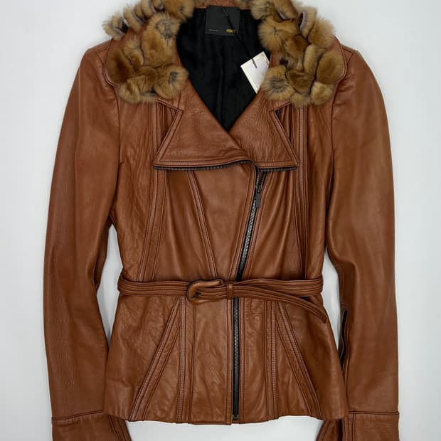 펜디 퍼 카라 바이커 레더 자켓