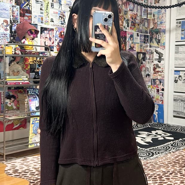 JPN 브라운 퍼 카라 슬림 골지 니트 집업