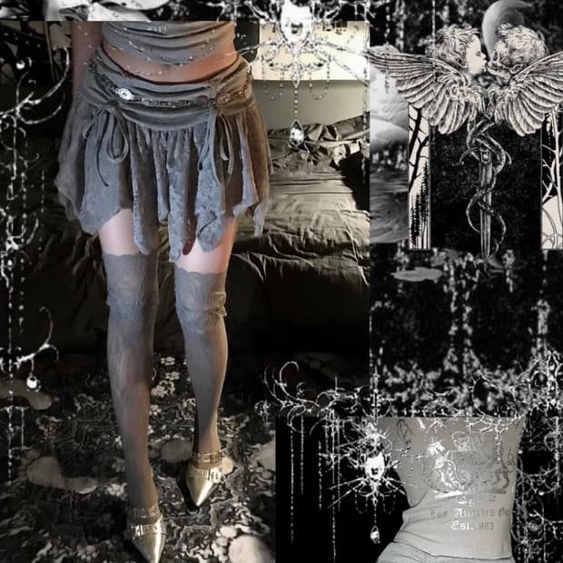 O.ka 오카 언발 레이스 셔링 스커트 그레이 미사용품