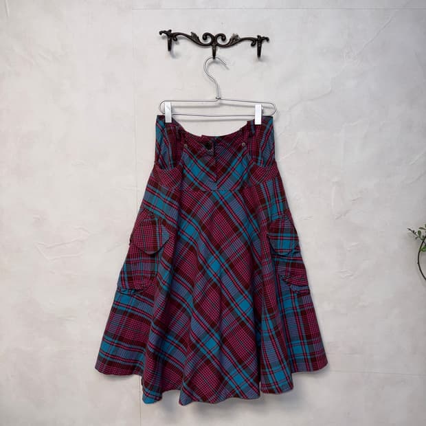 Pink blue pocket cargo flare skirt 