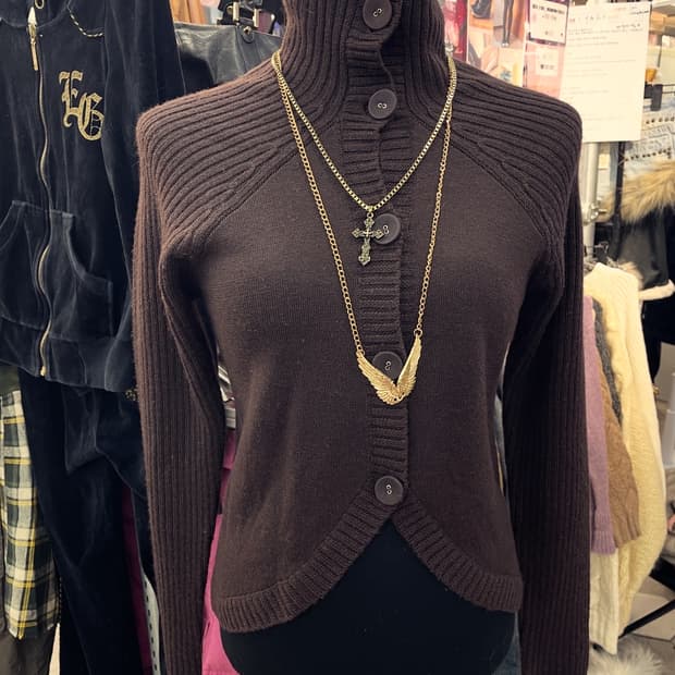 Y2k 하이넥 버튼 골지 가디건