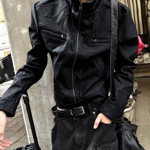 빈티지 바이커 절개 레더 자켓