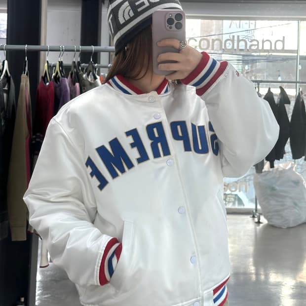 슈프림 21SS 미첼 앤 네스 사틴 바시티자켓 