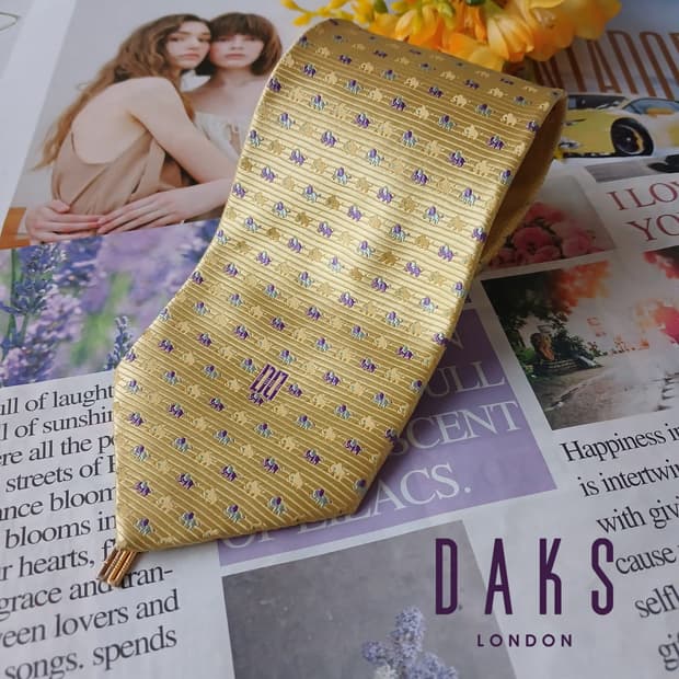 닥스 실크 옐로우 코끼리 패턴 넥타이 9.6cm A+등급 A19386
