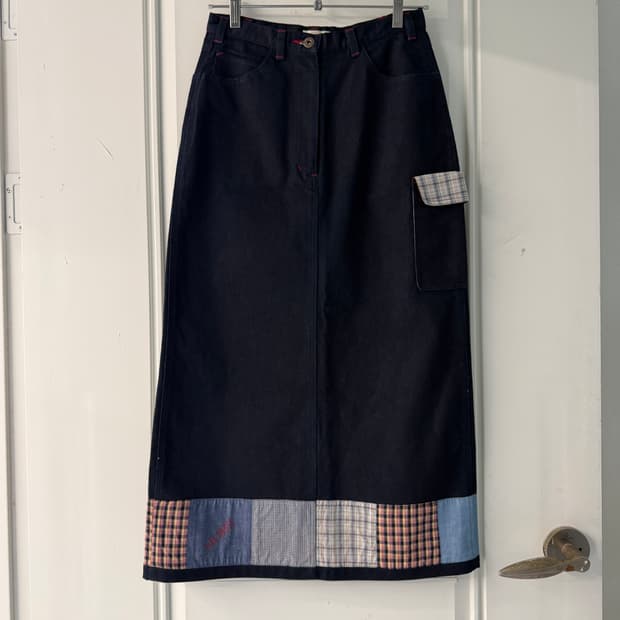 일본빈티지 핑크하우스 패치워크 데님스커트