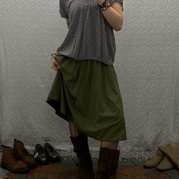 빈티지 리버시블 말차카키 스트라이프 미디 롱 스커트 K0041