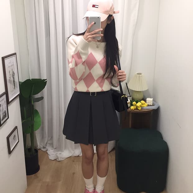 여성 라코스테 아가일패턴 라운드니트 95