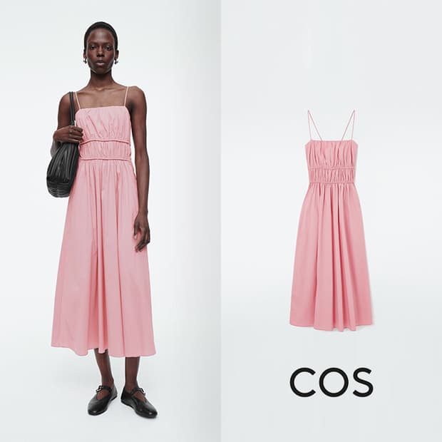 COS 개더드 웨이스트 미디 원피스 - 핑크