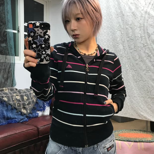 아디다스 여성 스트라이프 후드집업 